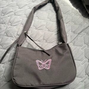 Elegant Gray Shoulder Bag with Pink Butterfly Embroidery